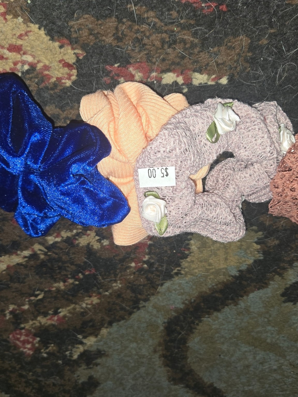 Set of Women's Satin and Knit Hair Scrunchies in Blue, Peach, and Mauve
